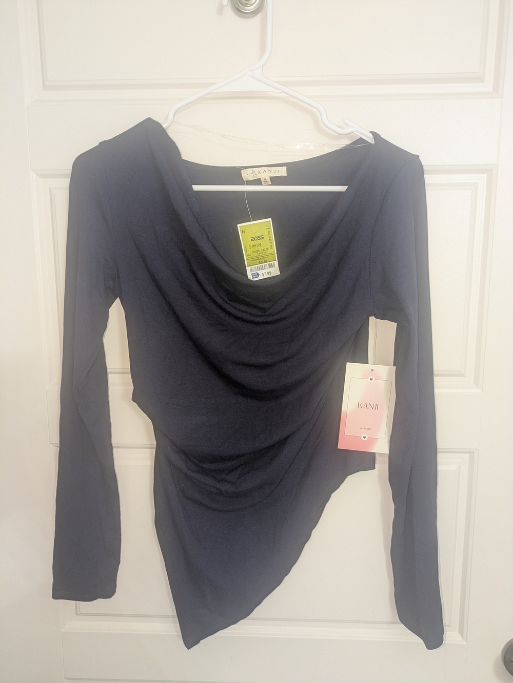 Navy Drape Front Long Sleeve Womens Top
